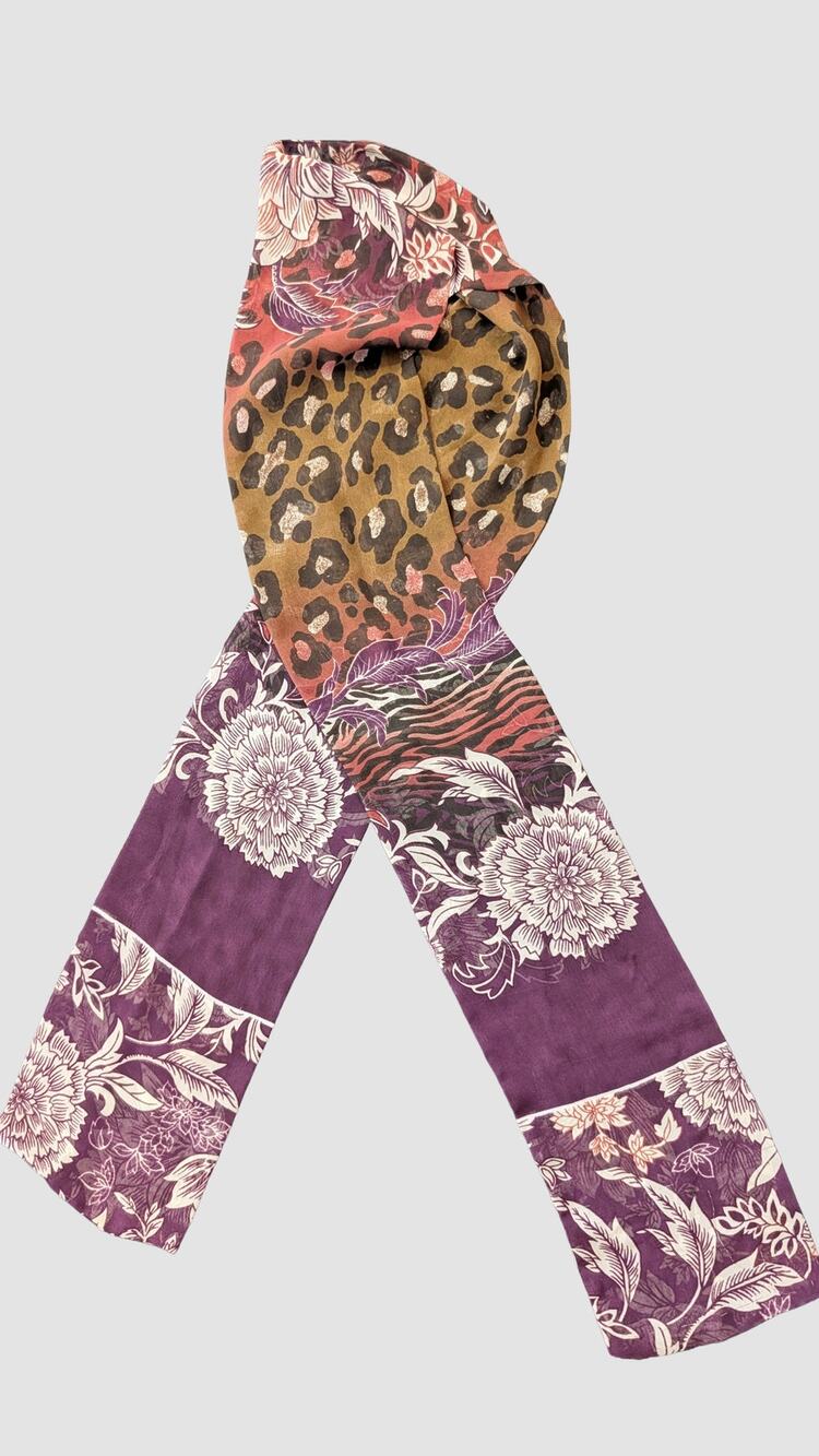 Leopard Floral Skinny Scarf Purple Burgundy Brown Animal Print 5x58